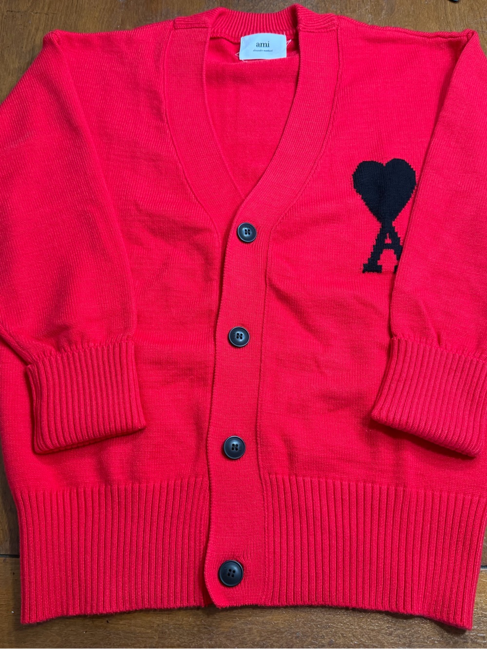 Ami Bright Red Cardigan with Black Heart A Motif
